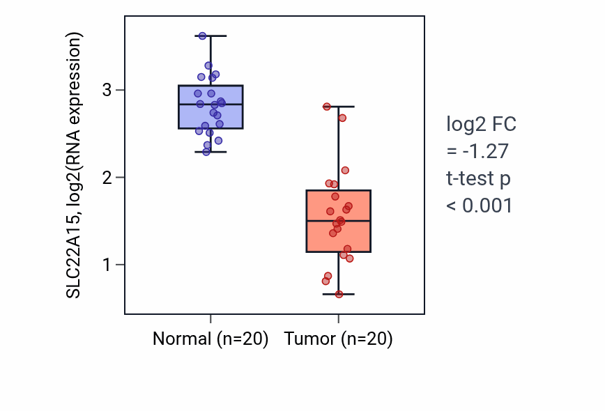 Tumor-vs-normal expression box plot for SLC22A15 RNA in KIRC.
