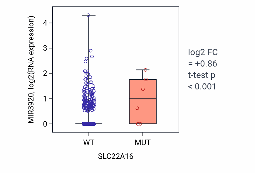 Box plot of MIR3920 in SLC22A16-low vs SLC22A16-high samples in BRCA.