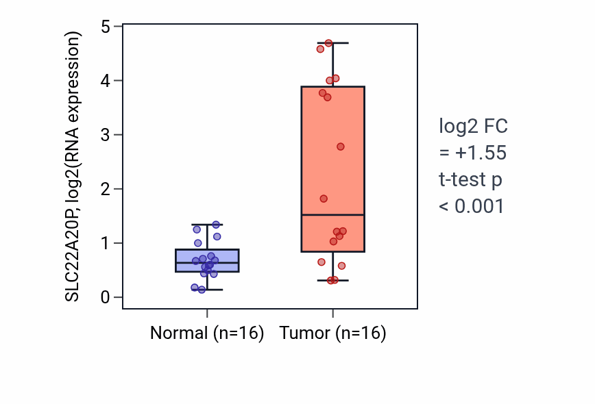 Tumor-vs-normal expression box plot for SLC22A20P in HNSC.