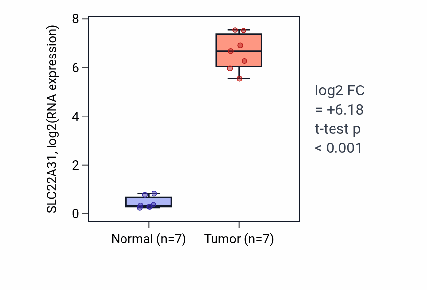 Tumor-vs-normal expression box plot for SLC22A31 in THCA.