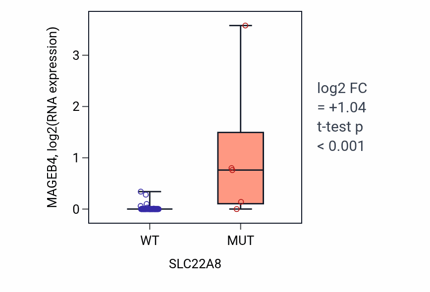 Box plot of MAGEB4 in SLC22A8-low vs SLC22A8-high samples in BLOOD_Lymphoma.