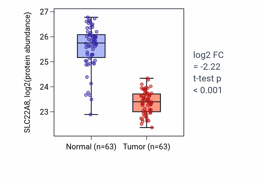Tumor-vs-normal mass-spec protein box plot for SLC22A8 in CCRCC.