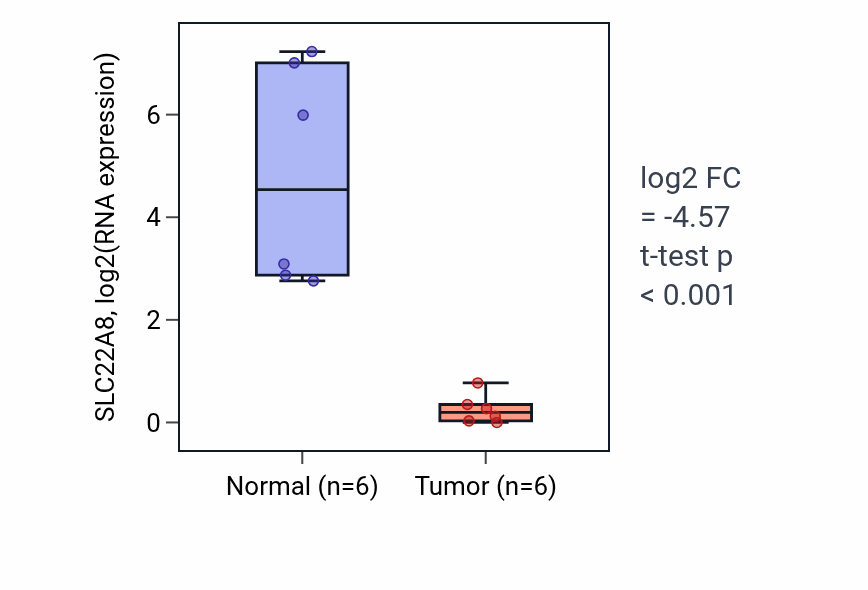 Tumor-vs-normal expression box plot for SLC22A8 RNA in KIRC.