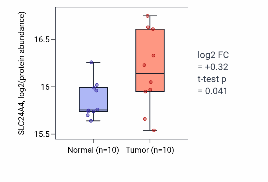 Tumor-vs-normal mass-spec protein box plot for SLC24A4 in CCRCC.
