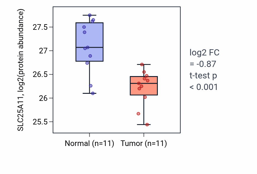 Tumor-vs-normal mass-spec protein box plot for SLC25A11 in CCRCC.