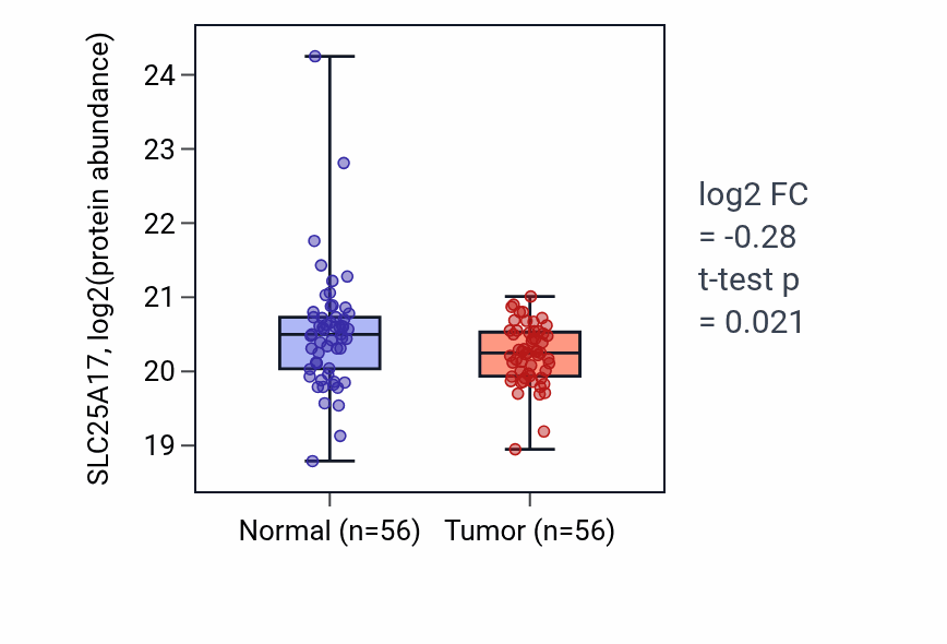 Tumor-vs-normal mass-spec protein box plot for SLC25A17 in LUAD.
