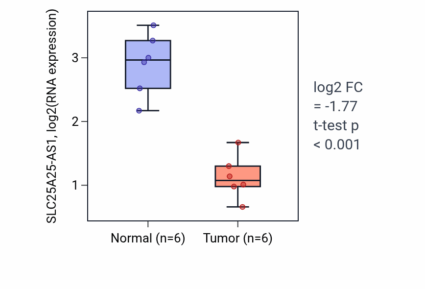 Tumor-vs-normal expression box plot for SLC25A25-AS1 in KIRC.