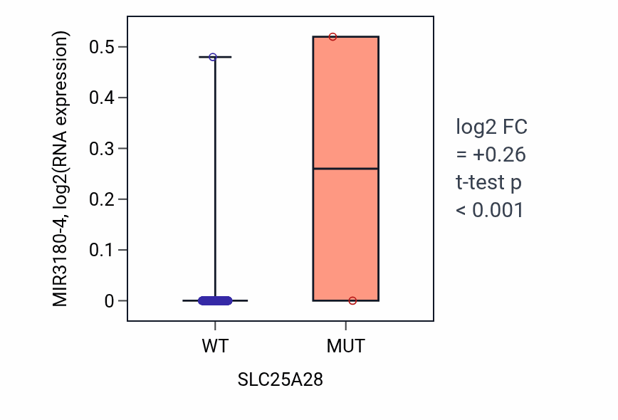 Box plot of MIR3180-4 in SLC25A28-low vs SLC25A28-high samples in BLCA.
