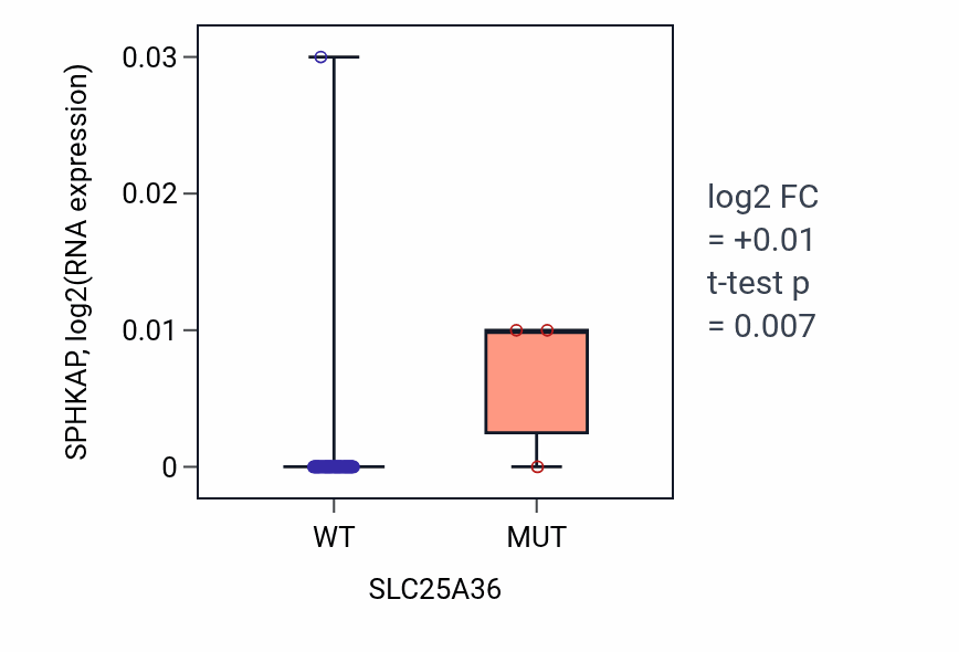 Box plot of SPHKAP in SLC25A36-low vs SLC25A36-high samples in LARGE_INTESTINE.