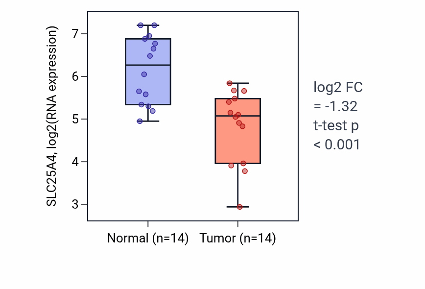 Tumor-vs-normal expression box plot for SLC25A4 RNA in KIRC.
