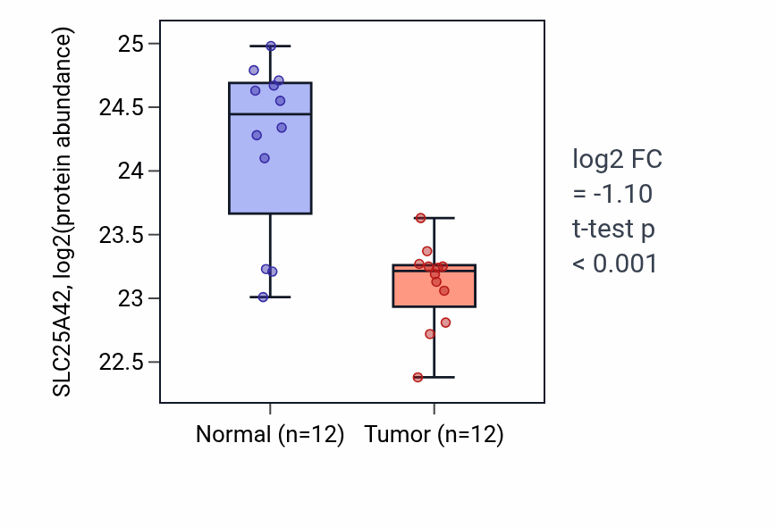Tumor-vs-normal mass-spec protein box plot for SLC25A42 in CCRCC.