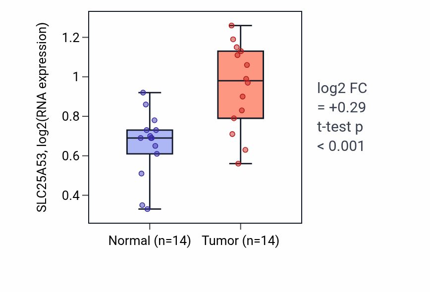 Tumor-vs-normal expression box plot for SLC25A53 RNA in HNSC.
