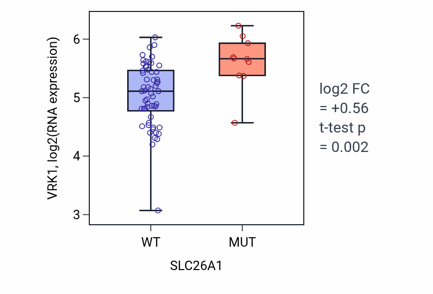 Box plot of VRK1 in SLC26A1-low vs SLC26A1-high samples in LARGE_INTESTINE.