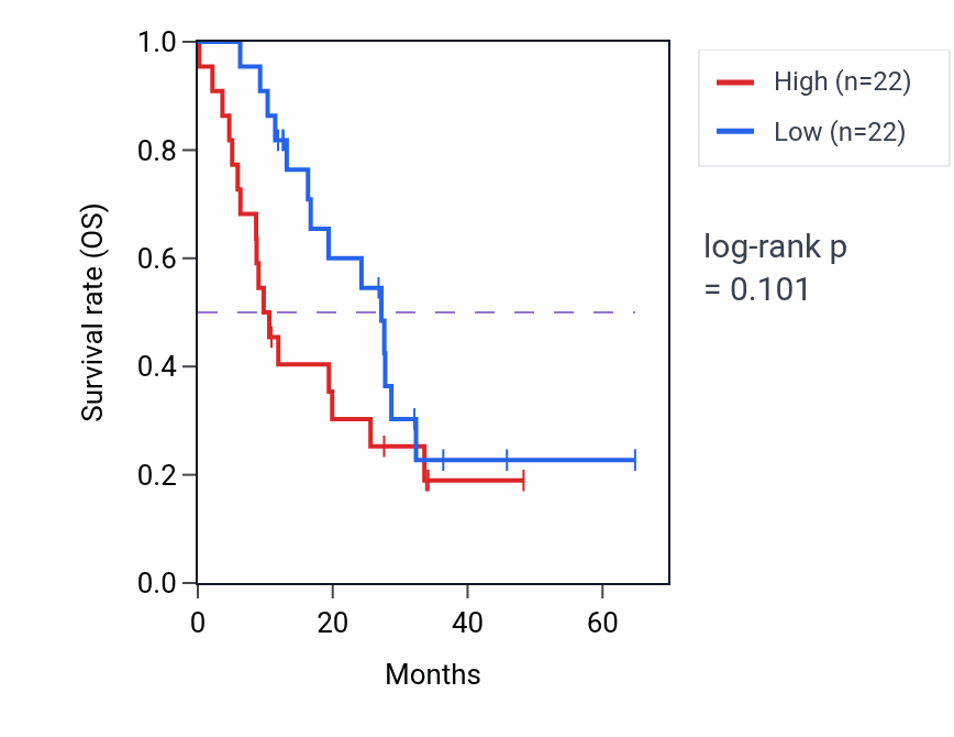 Kaplan&ndash;Meier survival curve for SLC26A11 mass-spec protein-high vs -low samples in GBM.
