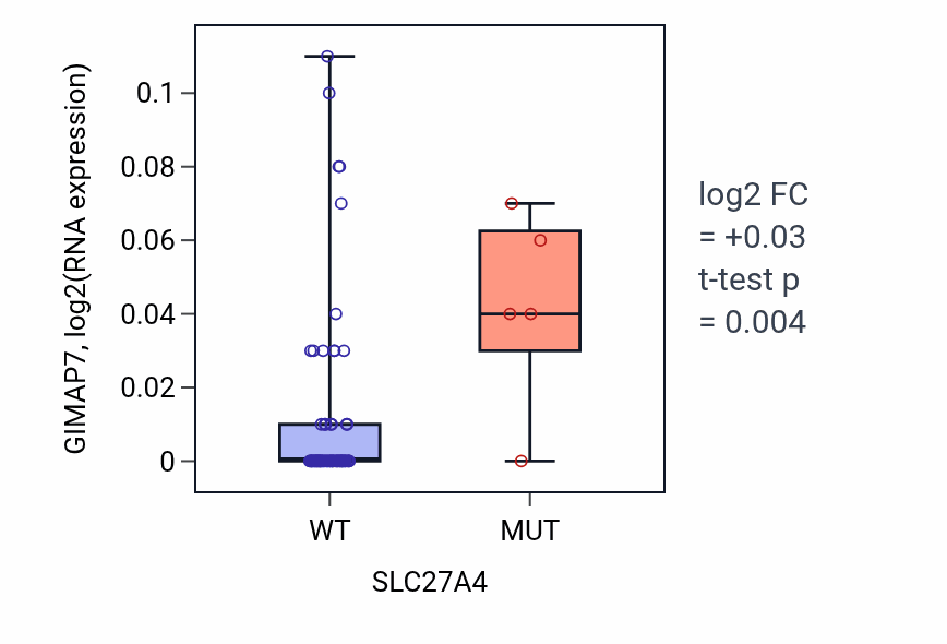 Box plot of GIMAP7 in SLC27A4-low vs SLC27A4-high samples in LUNG_NSCLC_LUAD.