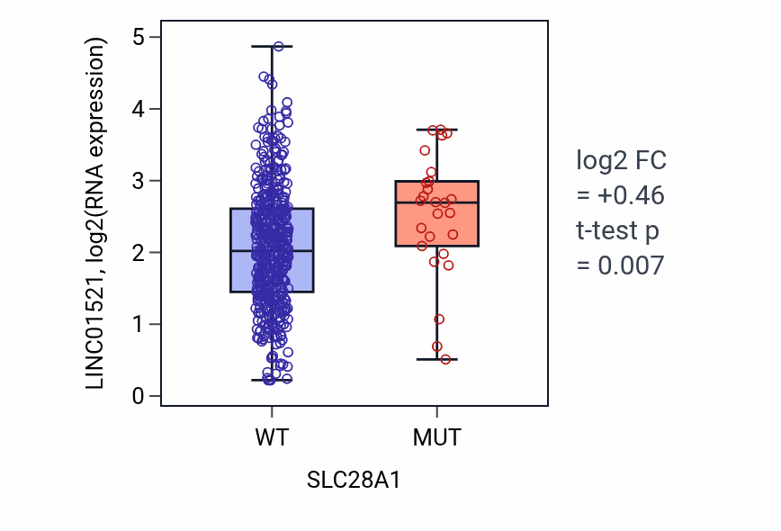 Box plot of LINC01521 in SLC28A1-low vs SLC28A1-high samples in SKCM.