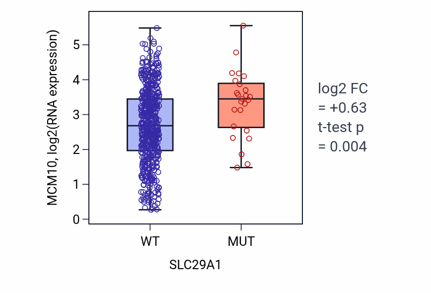 Box plot of MCM10 in SLC29A1-low vs SLC29A1-high samples in UCEC.