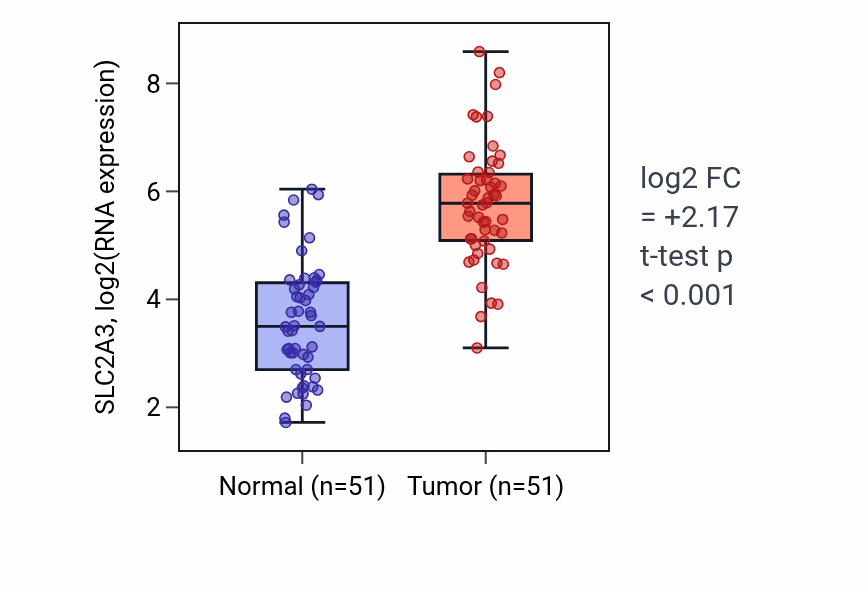 Tumor-vs-normal expression box plot for SLC2A3 RNA in KIRC.