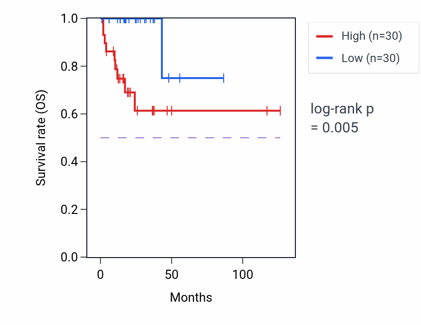 Kaplan&ndash;Meier survival curve for SLC2A4 RNA-high vs -low samples in READ.