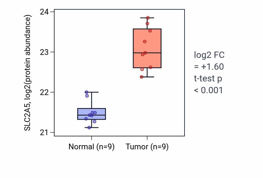 Tumor-vs-normal mass-spec protein box plot for SLC2A5 in LSCC.