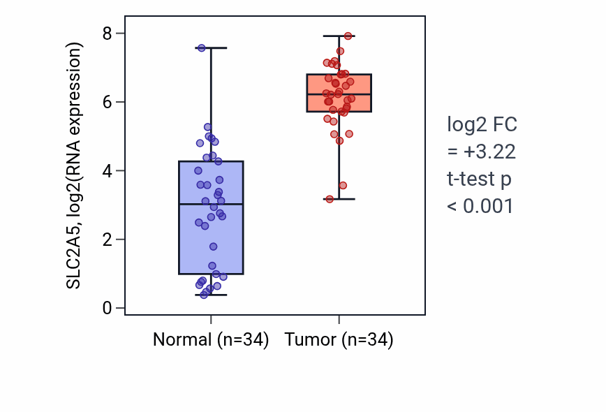 Tumor-vs-normal expression box plot for SLC2A5 RNA in KIRC.