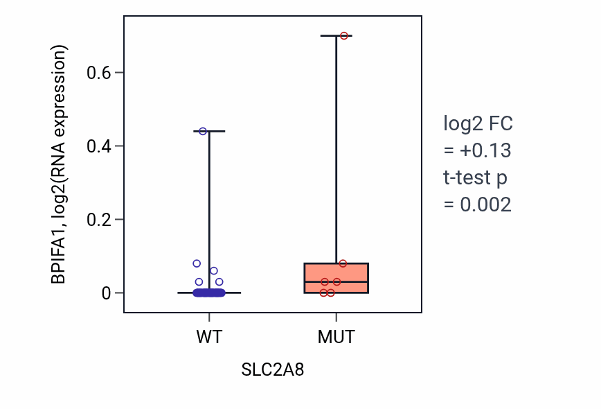 Box plot of BPIFA1 in SLC2A8-low vs SLC2A8-high samples in LARGE_INTESTINE.