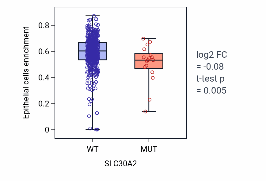 Box plot of Epithelial cells in SLC30A2-low vs SLC30A2-high samples in UCEC.