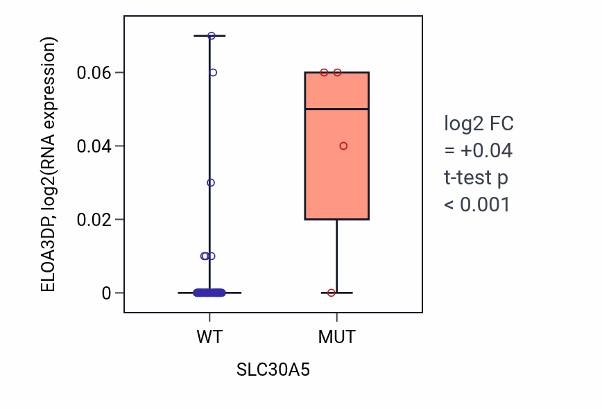 Box plot of ELOA3DP in SLC30A5-low vs SLC30A5-high samples in LARGE_INTESTINE.