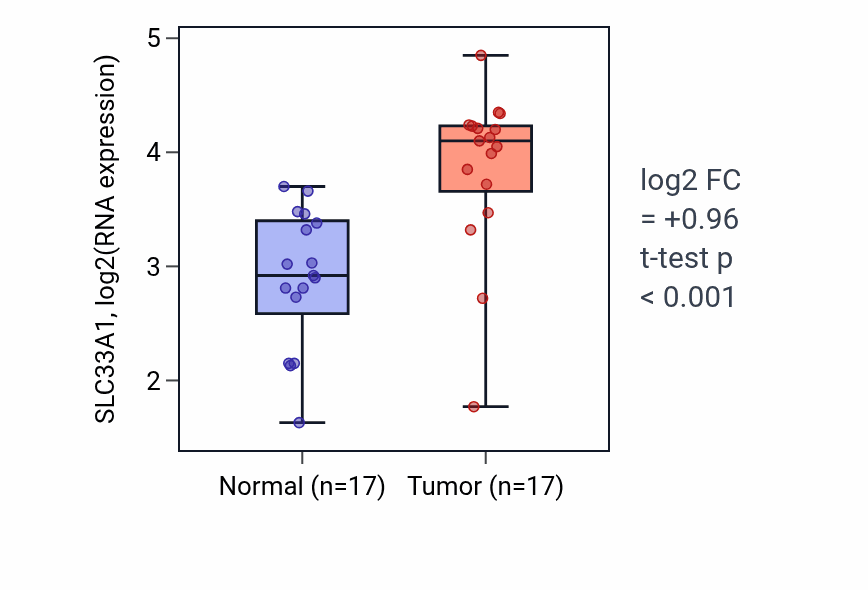 Tumor-vs-normal expression box plot for SLC33A1 RNA in HNSC.