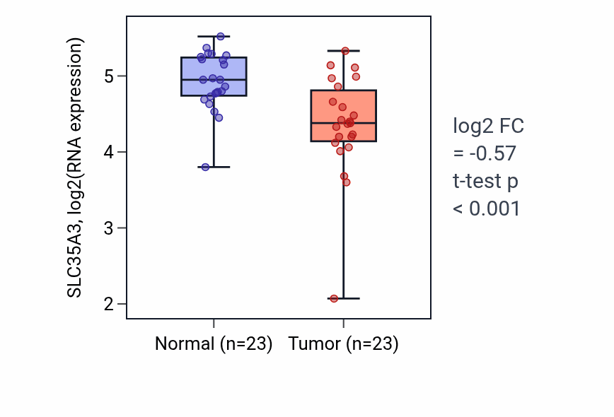 Tumor-vs-normal expression box plot for SLC35A3 RNA in THCA.