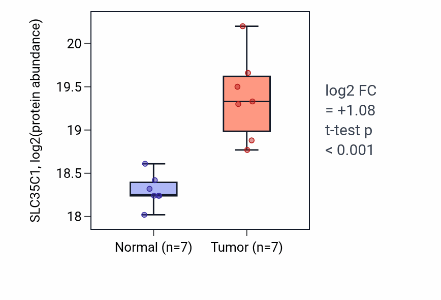 Tumor-vs-normal mass-spec protein box plot for SLC35C1 in LUAD.