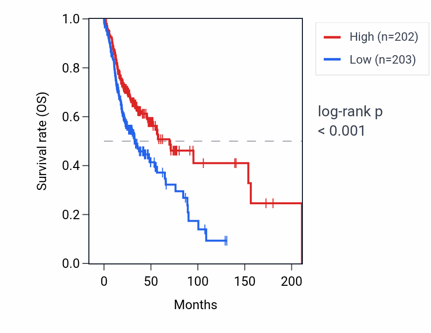 Kaplan&ndash;Meier survival curve for SLC35E2B RNA expression in HNSC: high vs low expression groups.