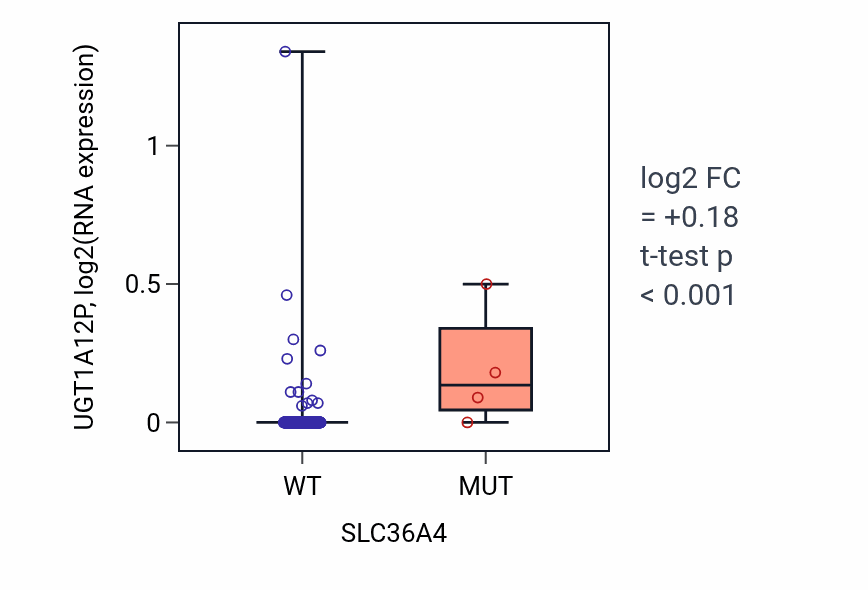 Box plot of UGT1A12P in SLC36A4-low vs SLC36A4-high samples in CESC.