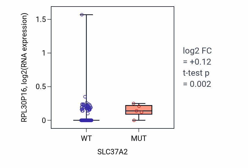 Box plot of RPL30P16 in SLC37A2-low vs SLC37A2-high samples in LUSC.