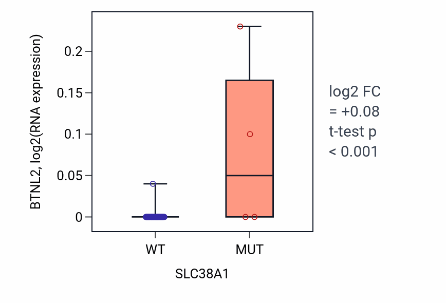 Box plot of BTNL2 in SLC38A1-low vs SLC38A1-high samples in LARGE_INTESTINE.