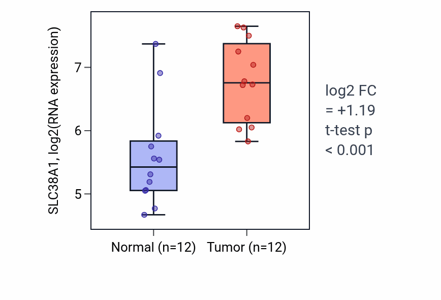 Tumor-vs-normal expression box plot for SLC38A1 RNA in KIRC.
