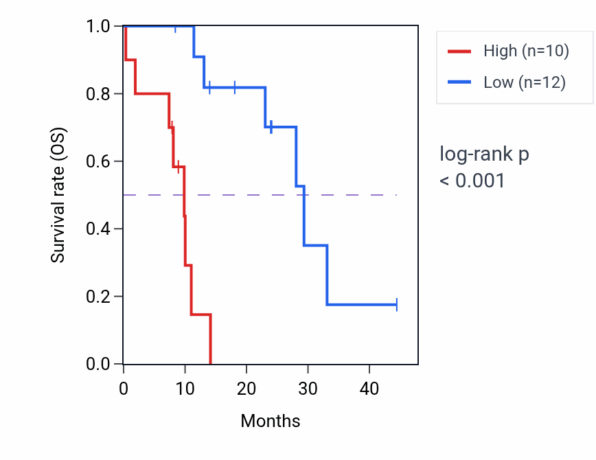 Kaplan&ndash;Meier survival curve for SLC38A2 mass-spec protein-high vs -low samples in PDAC.