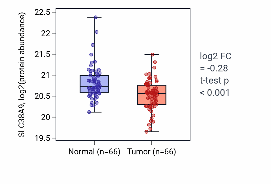 Tumor-vs-normal mass-spec protein box plot for SLC38A9 in LSCC.