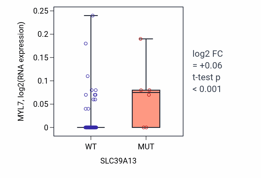 Box plot of MYL7 in SLC39A13-low vs SLC39A13-high samples in BLOOD_Leukemia.