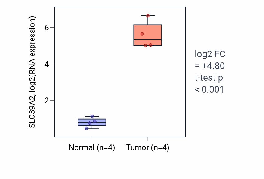 Tumor-vs-normal expression box plot for SLC39A2 RNA in BLCA.