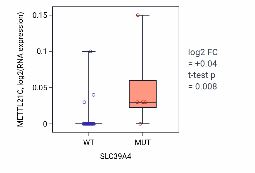 Box plot of METTL21C in SLC39A4-low vs SLC39A4-high samples in BLOOD_Myeloma.