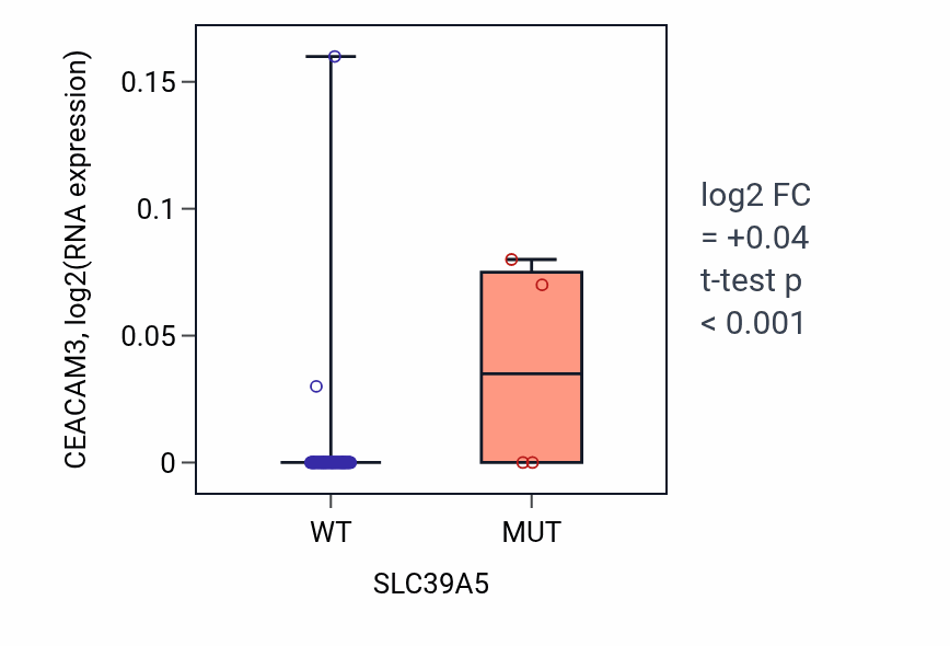 Box plot of CEACAM3 in SLC39A5-low vs SLC39A5-high samples in CNS.
