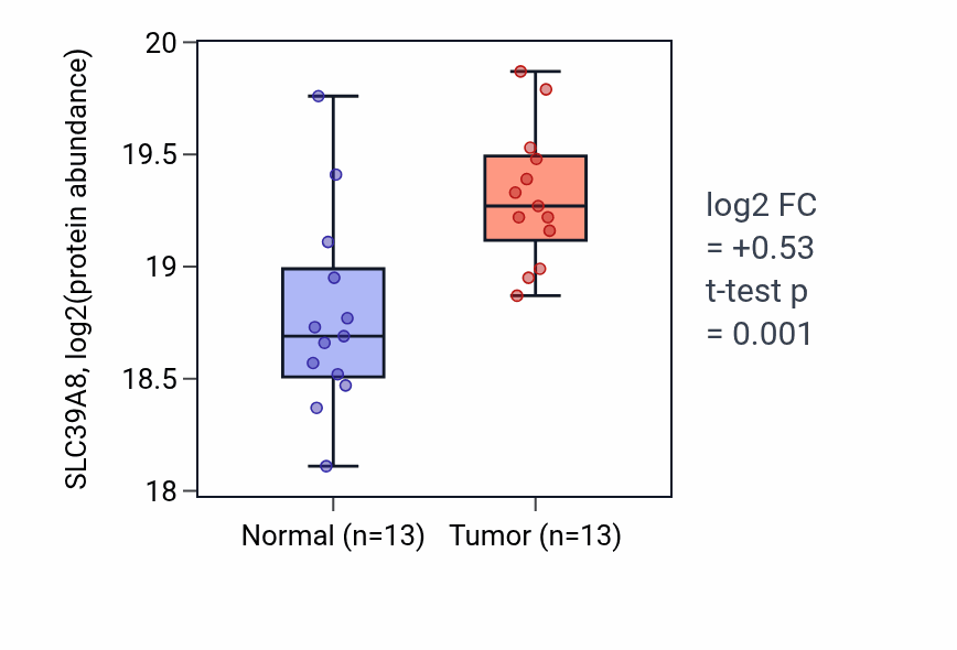 Tumor-vs-normal mass-spec protein box plot for SLC39A8 in HNSC.