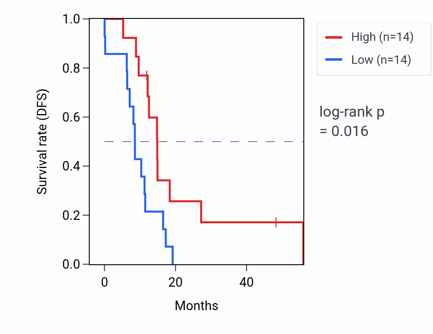Kaplan&ndash;Meier survival curve for SLC3A2 mass-spec protein-high vs -low samples in GBM.