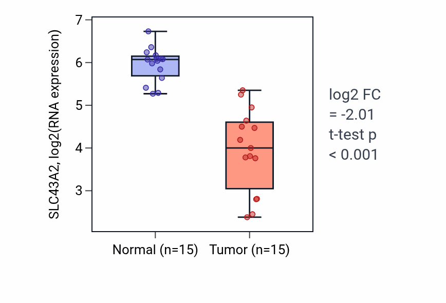 Tumor-vs-normal expression box plot for SLC43A2 RNA in KIRP.
