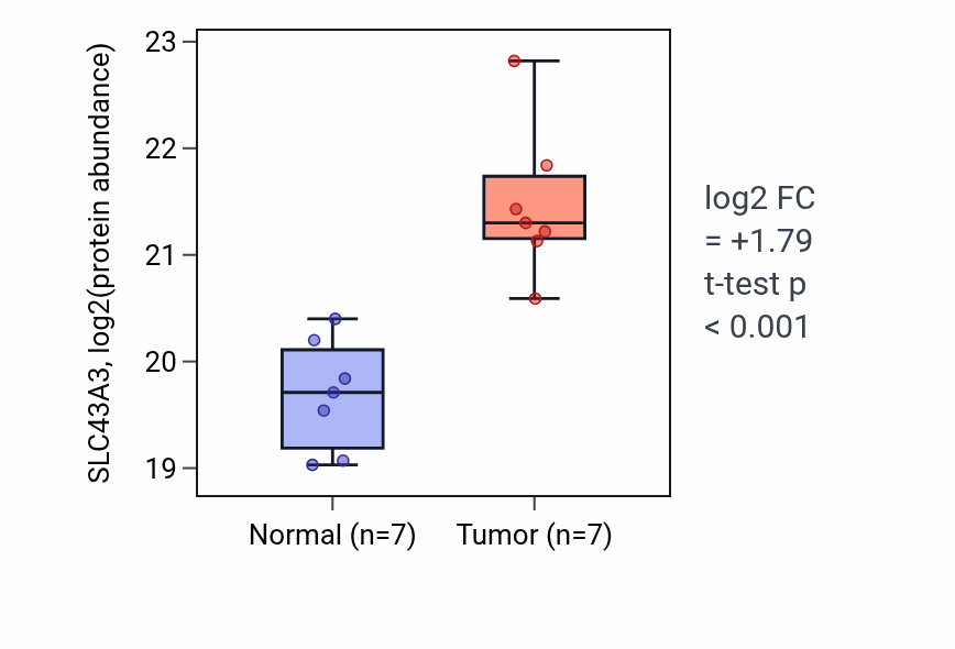 Tumor-vs-normal mass-spec protein box plot for SLC43A3 in CCRCC.