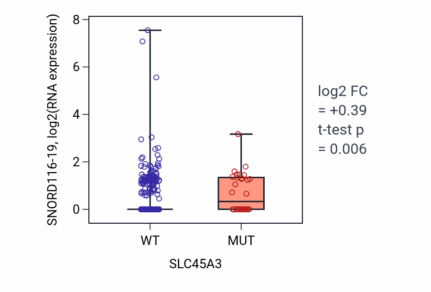 Box plot of SNORD116-19 in SLC45A3-low vs SLC45A3-high samples in UCEC.