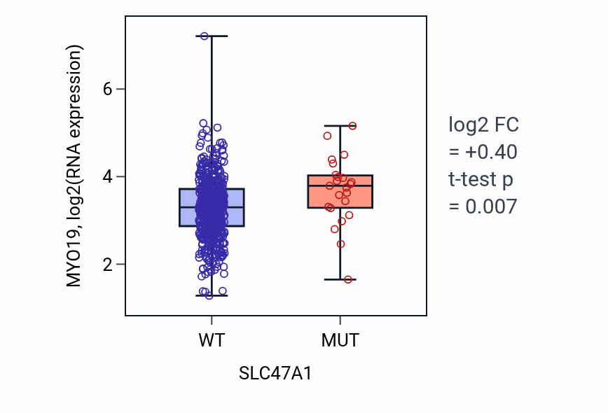 Box plot of MYO19 in SLC47A1-low vs SLC47A1-high samples in UCEC.