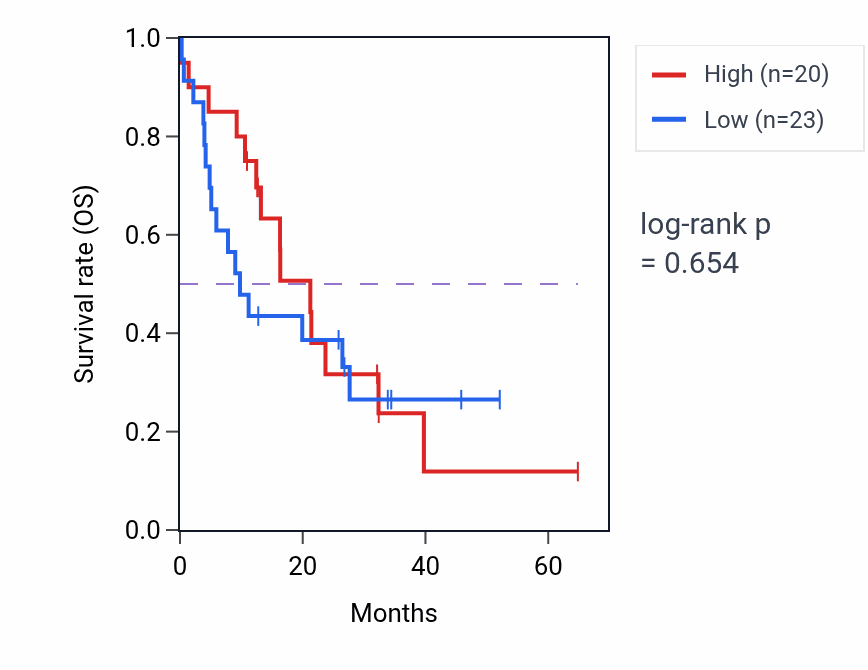 Kaplan&ndash;Meier survival curve for SLC4A10 mass-spec protein-high vs -low samples in GBM.