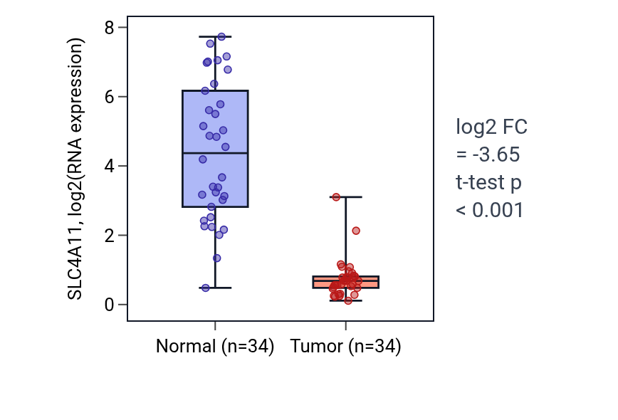 Tumor-vs-normal expression box plot for SLC4A11 in KIRC.